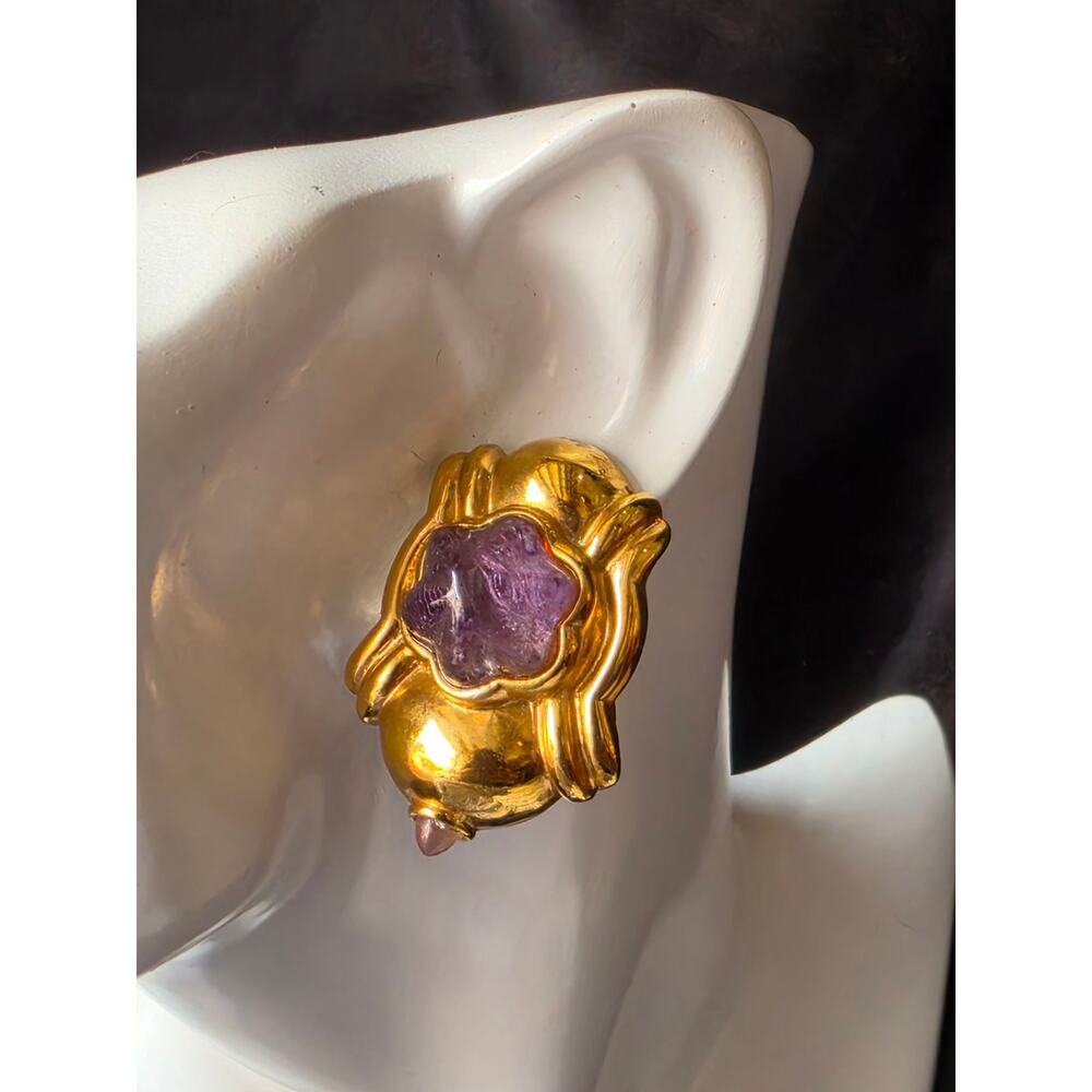 Vintage Francesca Romana Gold Gilt & Purple Glass Statement Clip-On Earrings
